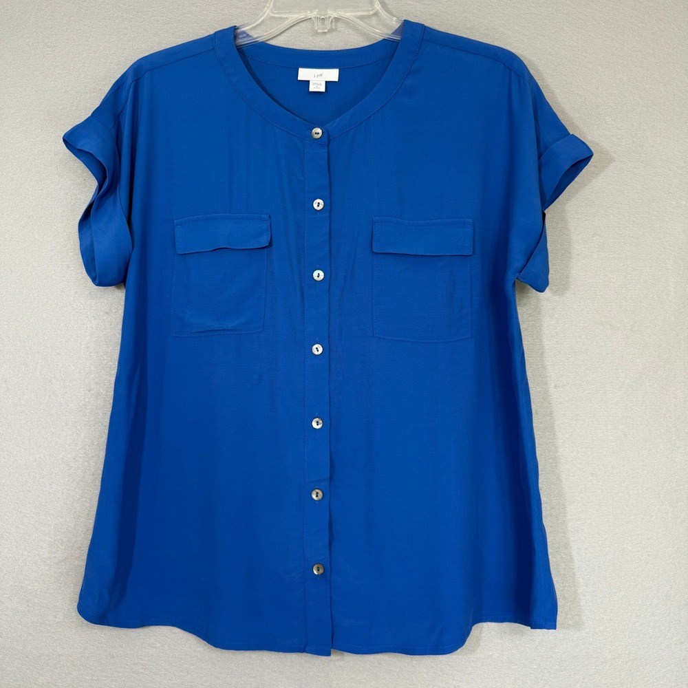 J. Jill Cobalt Blue Button Down Blouse Womens Size S Petite Short Sleeve Utility